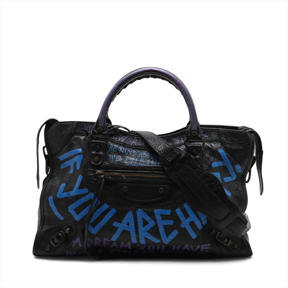 Balenciaga City Graffiti Leather Handbag Black Mirror